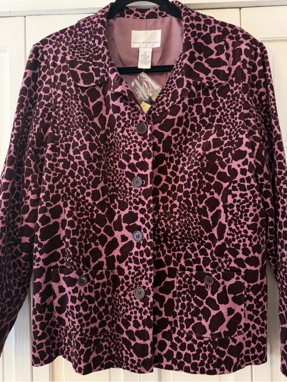 Susan Graver Animal Print Button-Front Jacket in Pink and Burgandy Size M NWT